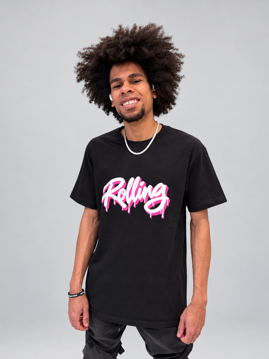 Camiseta Rolling Tinta Fresca - Preta e Rosa (M ao GG)